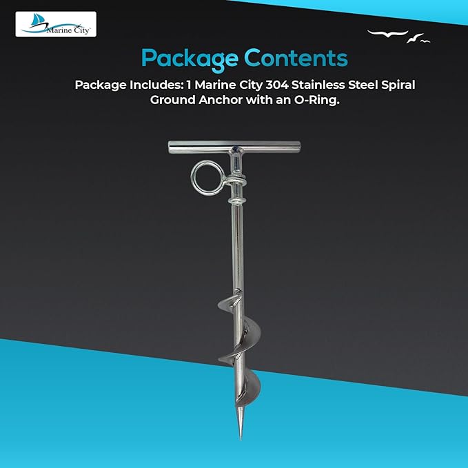 MARINE CITY Spiral Ground Anchor with O-Ring – 304 Stainless Steel 4-1/2 x 10-5/8 Inches, Ideal for Boat Mooring, Camping Tents, Puppy Tie-Out Stakes, Backyards, Marines, Yachts (Pack of 1)