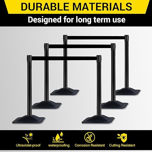 10 ft Crowd Control Stanchion Set, Crowd Control Barrier, Stanchions with Retractable Belts & Base, Retractable Stanchions, Queue Management Stanchion (4 Pack) (Black)