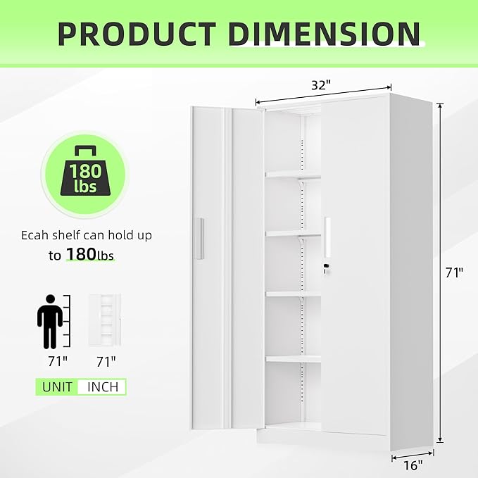 INTEGREAT Metal Storage Cabinet,71" Office Metal Cabinet with Locking Doors and Adjustable Shelves,Steel Locking Cabinets for Office,Home,Garage,Gym,School (White)