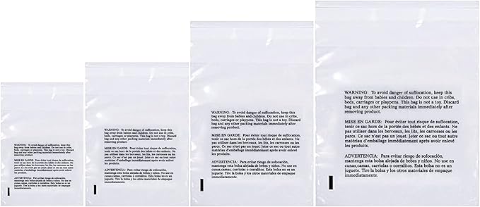 Poly Bags with Suffocation Warning 4x6", 5x7", 6x9", 8x10" - Small Combo Pack of 400 (100 each size) - Clear Poly Bags by Retail Supply Co - Resealable