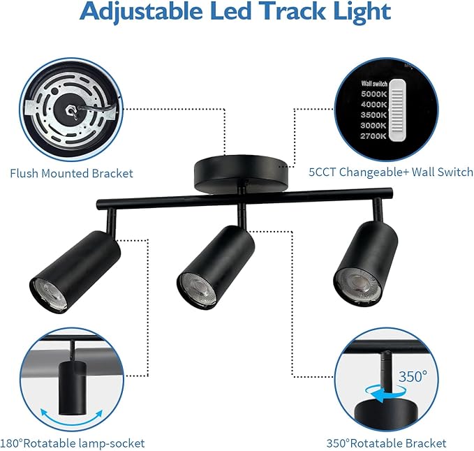 Jolux LED 3 Light Track Lighting Kit, Black 3 Way Ceiling Spot Lighting, Included 3 GU10 Bulbs 1000LM 5CCT Selectable,Flexibly Rotatable Light Head for Kitchen Gallery Art Walls Hallway Living Room