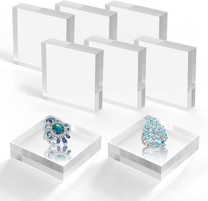Acrylic Base Stand 8 Pieces Acrylic Blocks for Display 4 X 4 X 1 Inch Clear Polished Block Square Cube Riser Display Pedestal Stands for Jewelry Perfume Ring Collection Props Cake
