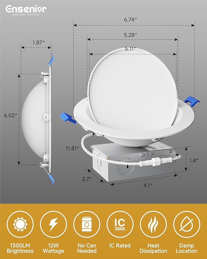 Ensenior 12 Pack 6 inch 5CCT LED Eyeball Recessed Lighting, 360°+90° Rotatable, Dimmable Gimbal Recessed Lights, Canless Angled Adjustable Ceiling Downlight, 1300LM, 13W=115W, 120V - ETL&FCC