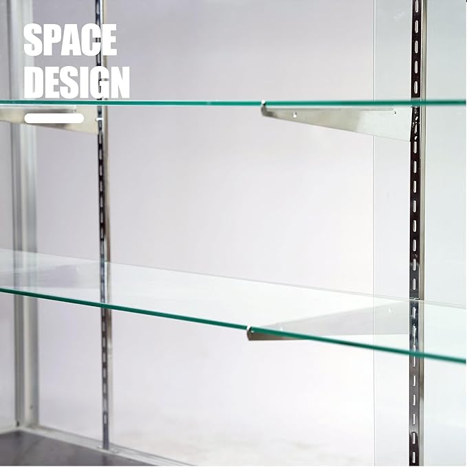 48”D * 20”W * 38”H - Freestanding Retail LED Full Vision Glass Display Case, Black Aluminum Frame, Two Adjustable Height Tempered Glass Shelves
