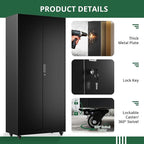 Metal Broom Closet, Garage Storage Cabinet, Tool Chest Bathroom Cabinet with Locking Doors and Wheels, 72" Tall Utility Cabinet with Hanging Rod, Freestanding Storage Cabinet for Cleaning Supplies