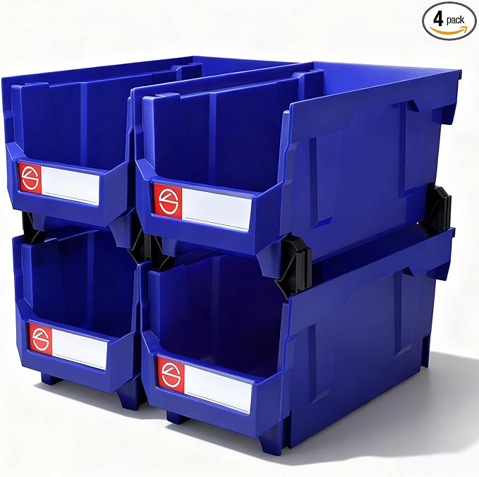 4Pack Storage Organizer Boxes,Desk Drawer Organizer, Stackable Storage Bins for Store Tools,Office Supplies,Workshop,Containers Garage(14.84" x 8.39"x 7.01"), Blue
