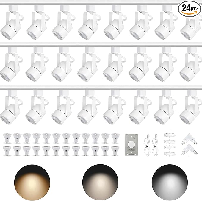Dimmable 24-Pack GU10 White Track Lighting Kit with Dedicated Dimmer, All-in-One Plug in 3CCT Ceiling Spotlights with 26.2FT Track Rails, Accent Lighting for Home, Store, Moblie Cart and Office