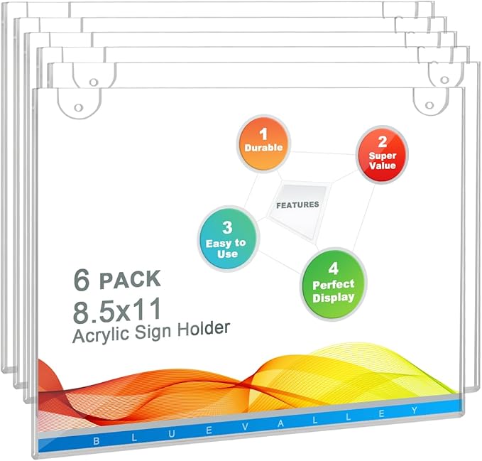 BlueValley Acrylic Sign Holder 8.5 x 11 Wall Mount, Clear Acrylic Wall Frames with Double Sided Tape Adhesive & Screws, Plastic Wall Sign Menu Picture Document Holders for Office, Home, Store, Restaurant-Horizontal (6 Pack)