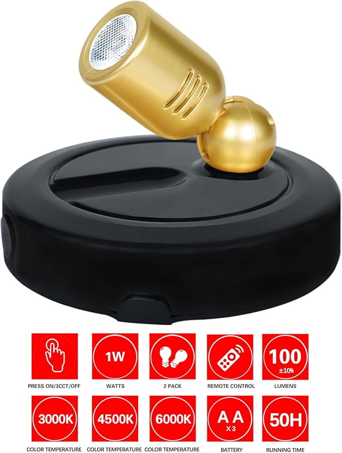 Picture Light Battery Operated, 3 Color Temperatures Picture Light with Remote, Indoor LED Spot Lights for Plants for Wall Frame Dartboard Art Painting Display Accent-Black Gold