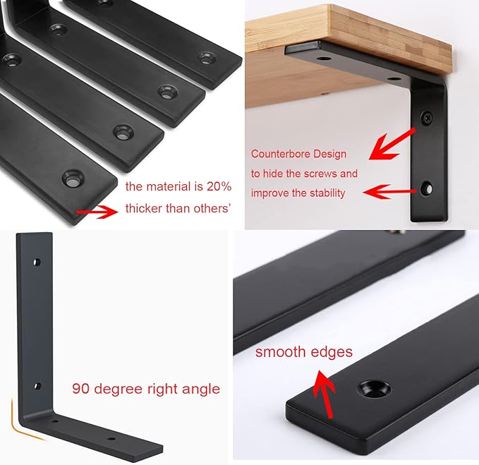 12 Inch Shelf Bracket Heavy Duty L Shelf Bracket 12 x 8 Inch Metal Shelf Bracket with Hardware, Black, 4 Pack