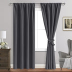 JIUZHEN Blackout Curtains for Bedroom - Thermal Insulated Room Darkening Rod Pocket Curtains for Living Room, Set of 2 Panels with Tiebacks, 42 x 96 Inch Length, Dark Grey