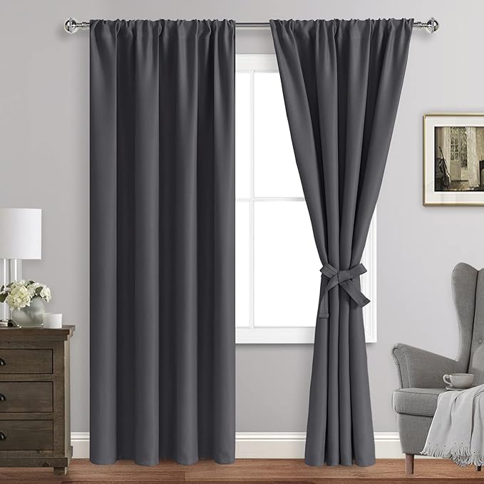 JIUZHEN Blackout Curtains for Bedroom - Thermal Insulated Room Darkening Rod Pocket Curtains for Living Room, Set of 2 Panels with Tiebacks, 42 x 96 Inch Length, Dark Grey