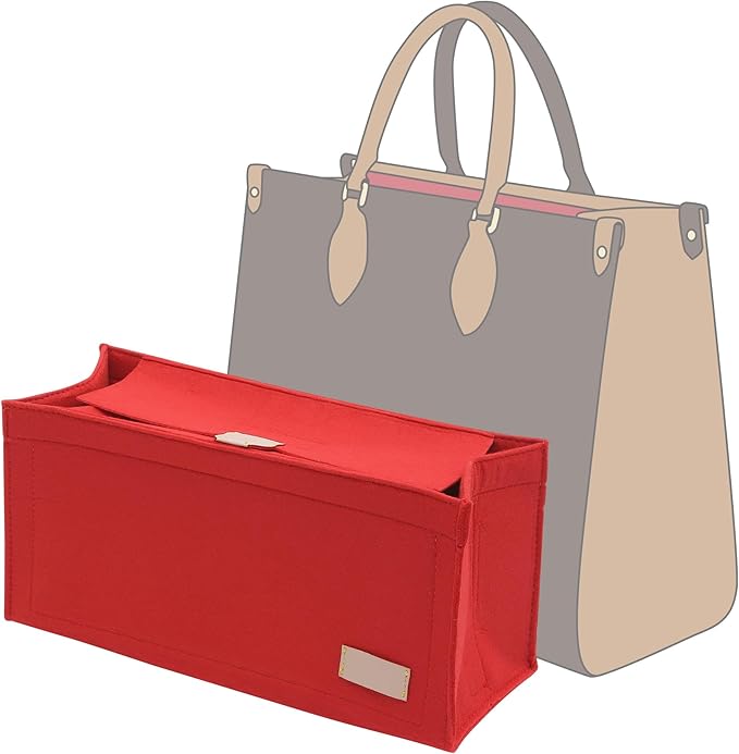 Doxo Purse Organizer Insert, Felt Tote Organizer with Zipper, Bag Insert Organizer Perfect for Lv Onthego MM 35 & D Medium Book Tote Bag (Red-With Cover)