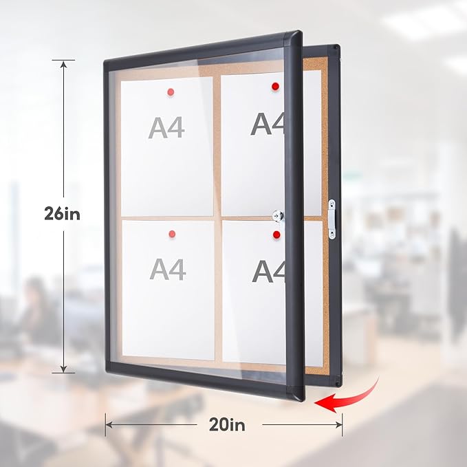 Enclosed Bulletin Board 20x26 Inch Indoor Outdoor Tamper-Proof Cork Wall-Mounted Notice Board with Rust-Resistant Aluminum Frame & Lock for Hospital, Restaurant Kitchen, Office (Black Frame)