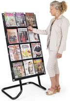 Displays2go Adjustable Literature Floor Stand, 4 Tiers, Fits Brochures and Magazines - Black (2RP12BLKFLR)