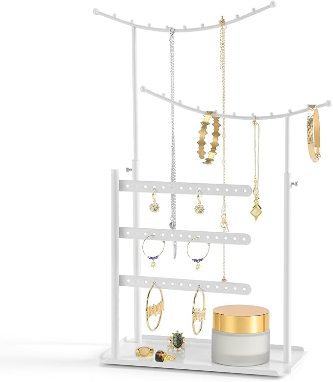 LAMU Jewelry Organizer, 5 Tier Jewelry Stand Display with Anti Entanglement Necklace Holder Tree, Height Adjustable Stroage for Earrings Rings Studs Bracelet, Christmas Gifts for Women Girls, White