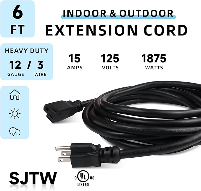 EP 6 Ft Outdoor Extension Cord - 12/3 SJTW Heavy Duty Black Extension Cable with 3 Prong Grounded Plug - Power Cord for Lawn, Garden, Appliances