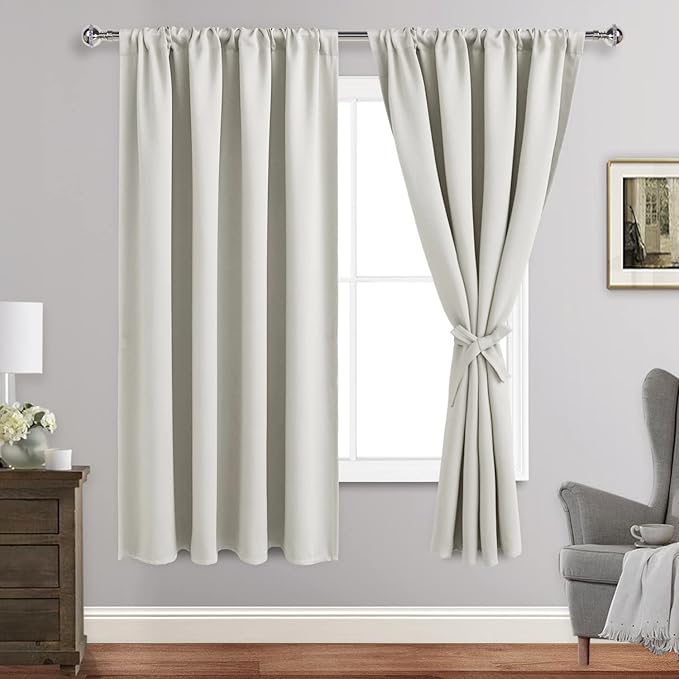 JIUZHEN Blackout Curtains for Bedroom - Thermal Insulated Room Darkening Noise Reducing, 52 x 63 Inch Length Curtains for Living Room, Set of 2 Panels with Tiebacks,Ivory