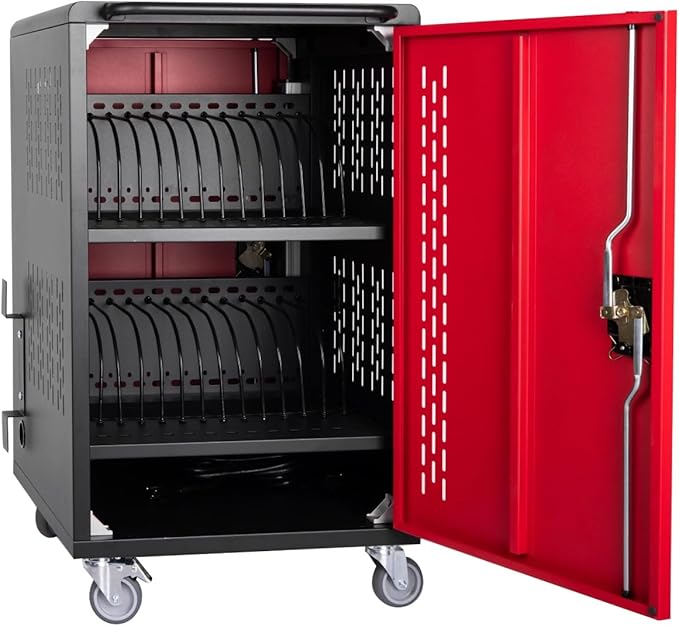 32 Bay Mobile School Charging Cart Station, Black Cart for Chromebook/Tablet/Laptop, with Power Strip, Lockable Doors, 2 Locking Casters & Ventilated Panels, 20" W×20" D×34.06" H