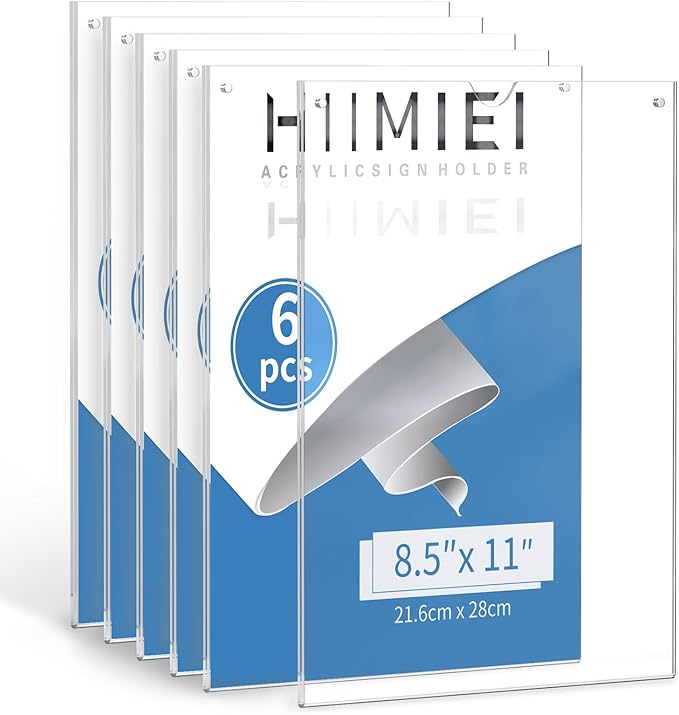 HIIMIEI Acrylic Sign Holder 8.5 x 11 Wall Mount with Paper Fixing Magnet and Double-Sided Tape, No Drilling Required (6 Pack) - Perfect for Office, Home, Store, and Restaurant