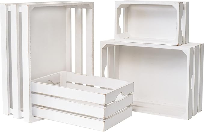 Large Wooden Crates Set of 4 Decorative Storage Box with Handles, Rustic Whitewashed Farmhouse Wooden Crates for Display, Living Room Container Baskets Box for Kitchen, Pantry, Bedroom