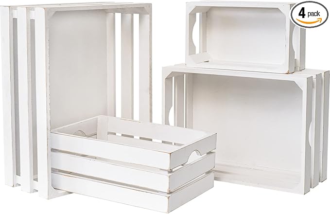 Set of 4 Large Wooden Crates Decorative, Whitewashed Nesting Wooden Crates for Display Rustic, Farmhouse Wooden Storage Container Boxes Made from 100% Wood