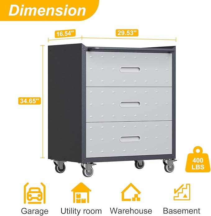 3 Drawers Metal Tool Storage Cabinet with Wheels, Rolling Tool Chest on Locking Wheels & Handle, Garage Cabinet, Heavy Duty Tool Cart, Mobile Steel Locker for Home,Workshop, Black & Grey