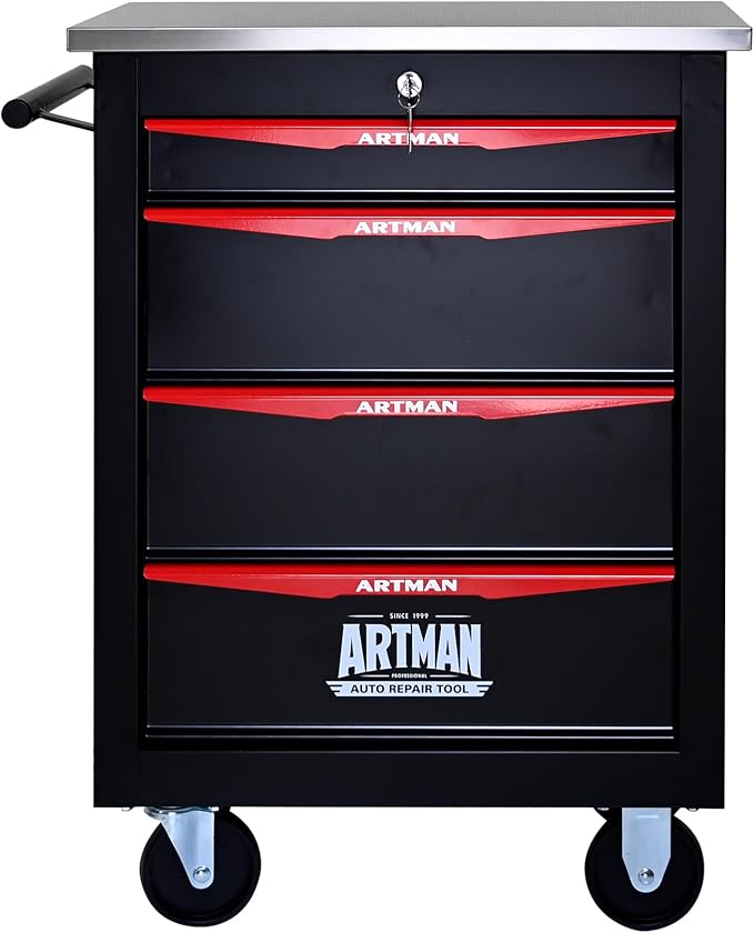 4 Drawer Rolling Tool Chest with Locker, 22.2" D Metal Movable Lockable Tool Cart Box Multi-Functional Hardware Storage Cabinet Box for Warehouse Basement Home Pantry Garage