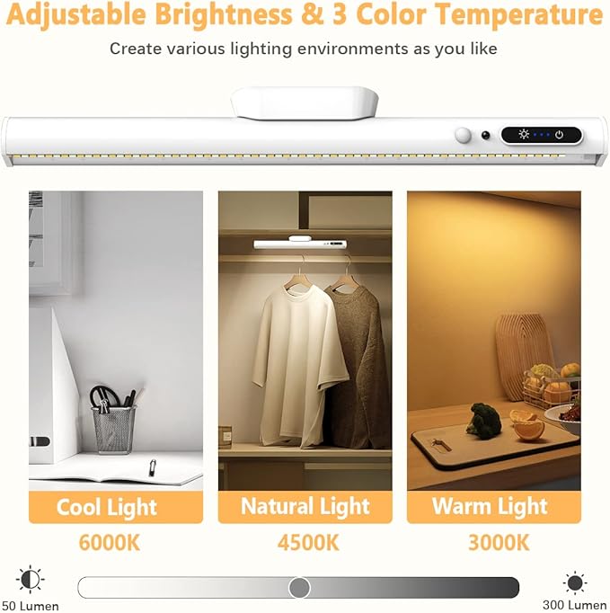 Battery Powered Operated Wall Strip Lights, Motion Sensor LED Light Bar Indoor, Rechargeable Magnetic Under Cabinet Lighting Wireless with Remote Control for Desk Mirror Closet – White