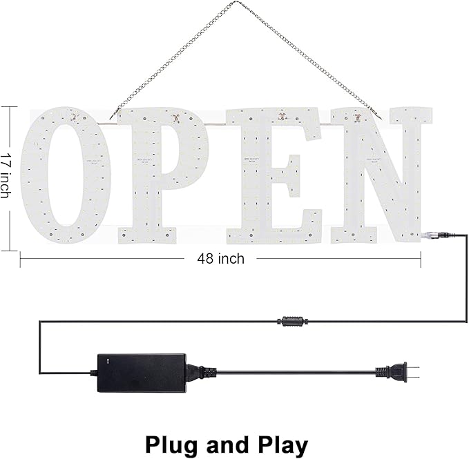 48"x17" Super Large LED Open Signs for Business with Remote Controlled, 10 Levels Brightness Adjustable Unique Design Super Bright with Chain, High Visibility for Store Bar Retail Shops Salon Office