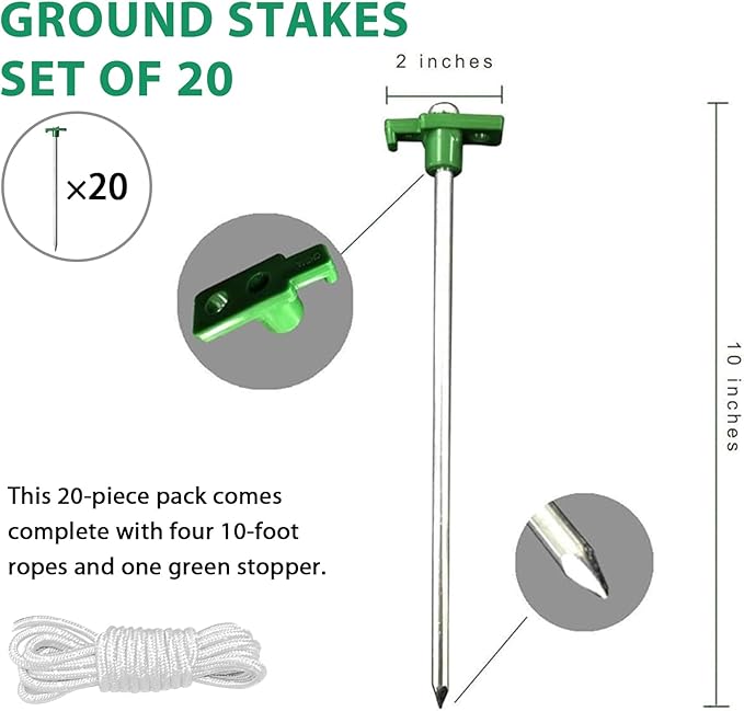 Eurmax USA Galvanized Non-Rust Camping Family Tent Pop Up Tent Stakes Ice Tools Heavy Duty 20pc-Pack, with 4x10ft Ropes & 1 Green Stopper