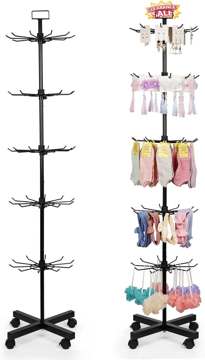 5-Tier Metal Spinning Display Stand Rack with Wheels, Black Iron, 50 Hooks, Lockable Wheels, Ideal for Jewelry, Accessories, Foods