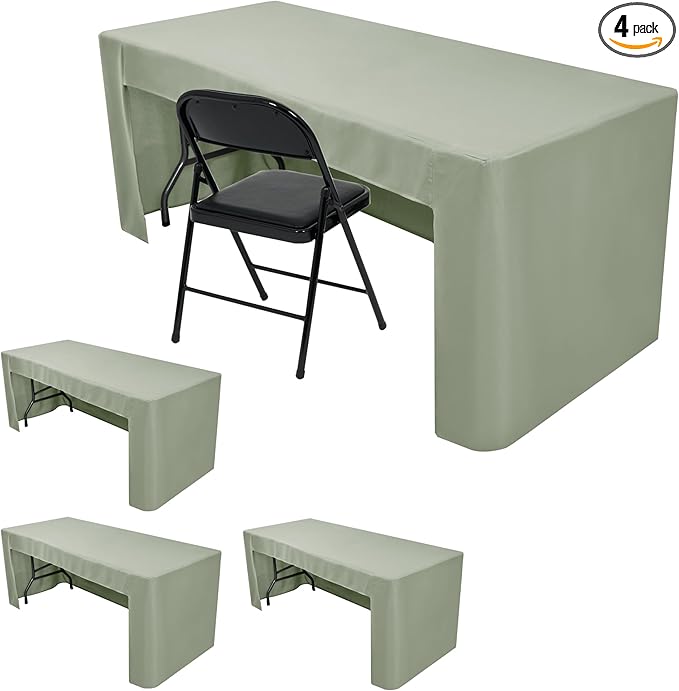 HolidayIdeas Open Back Fitted Tableclothss for 8 Foot Rectangle Table, Wrinkle Resistant Washable Table Covers 96x30 Inch for Craft Fairs, Banquets, Trade Show Display, Sage Green,4 Pcs