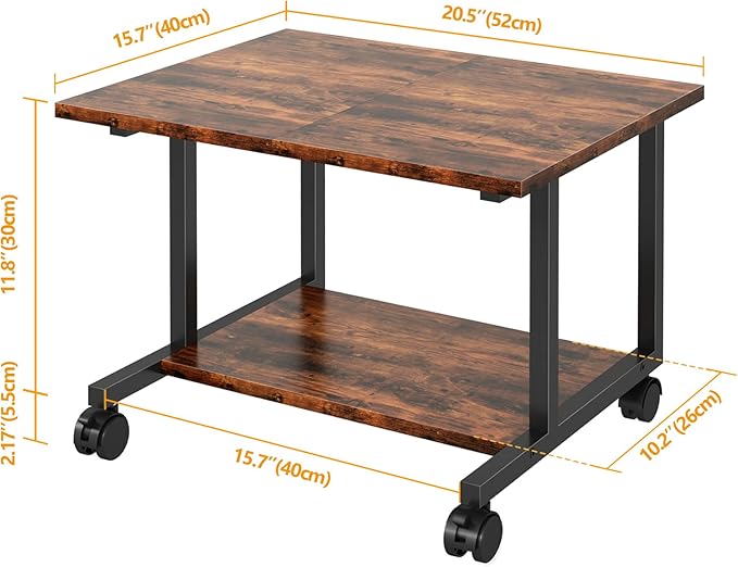 Livofloral Under Desk Printer Stand, 20.5 x 15.7 Inches Printer Table for Home Office, Printer Cart with Wheels,Small Printer Stand with Storage Shelf, Rolling Industrial Printer Stand, Rustic Brown