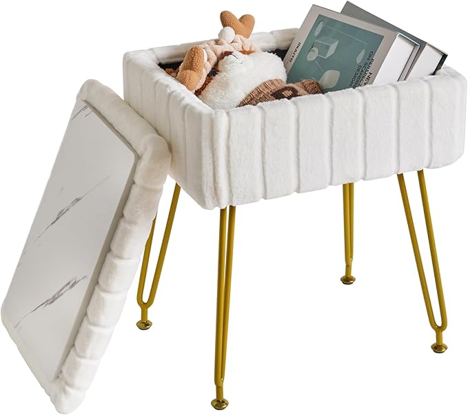 IBUYKE Stool Chair with Storage Space, Footrest Footstool Ottoman, Small Side Table, with 4 Metal Legs, with Anti-Slip Feet, for Makeup Room, Bedroom, White, Faux Fur LG-50W