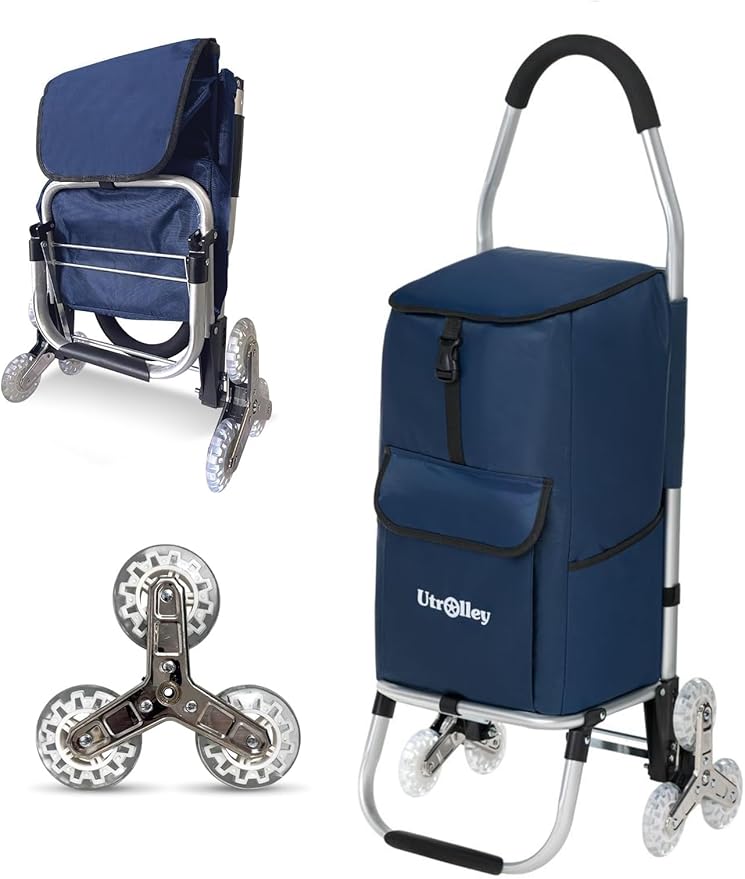 Ultra-Lightweight Stair Climber Cart for Groceries & Laundry, Durable 6-Wheel Folding Shopping Cart with Insulated Bag, Blue