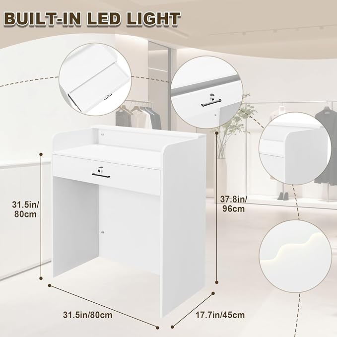 Reception Desk with Counter LED Light, Modern Front Desk with Lockable Drawer, White Retail Checkout Counter for Clothing Store Lobby Beauty Salon (White, 37.8x31.5x15.7in)