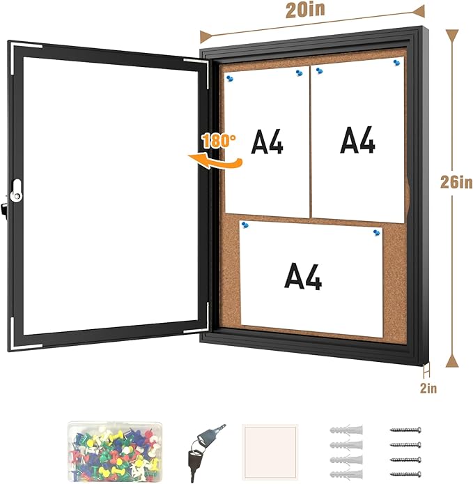 Mifuro 26"x20" Enclosed Bulletin Board, Outdoor Lockable Weather-Resistant Aluminum Cork Noticeboard for School & Office, Black Frame w/Cork