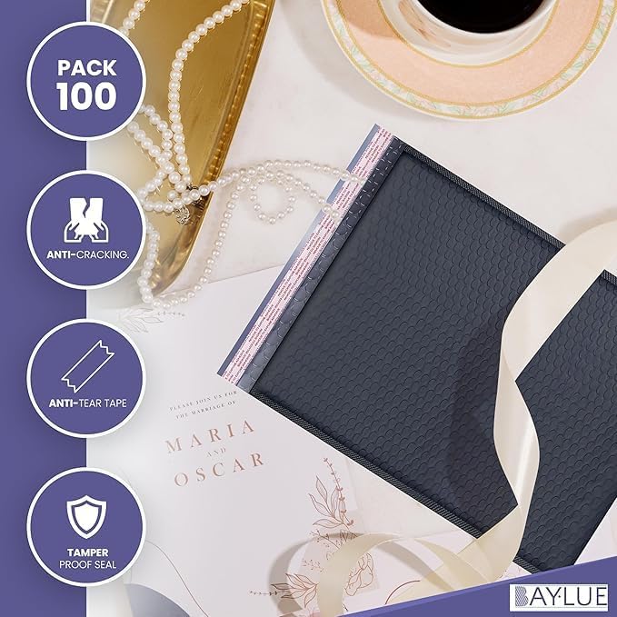 Black 12.5x19.5 Inch Large Poly Bubble Mailers #6 | Padded Envelopes with Self Seal | Air Lined Cushioned Bubble Mailer | Usable Size 12.5x15 | 100 Pack Bulk | Lightweight shipping Bags