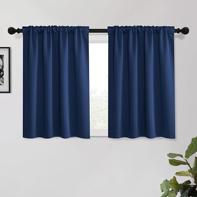 KGORGE Blue Curtains 45 inch Length 2 Panel Sets for Small Window, Room Darkening Thermal Insulated Noise Reducing Energy Efficiency Back Tab Curtains for Living Room Kitchen, W34 x L45
