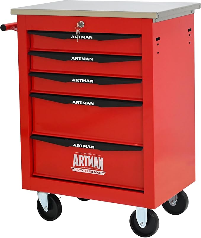 5 Drawers Tool Cart on Wheels with Stainless Steel Worktop, Heavy Duty Mobile Rolling Drawer Tool Chest with Locking Wheels & Lockable Drawers, Garage Tool Storage Cabinet (Red, 5 Drawers)