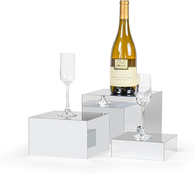 Red Co. Set of 3 Glossy Silver Acrylic Cube Display Nesting Risers with Hollow Bottoms
