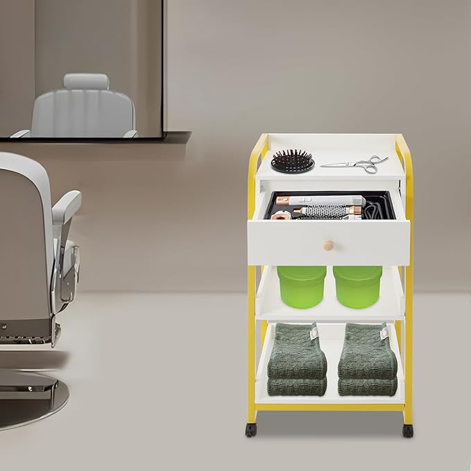 3-Tier Salon Trolley Cart w/Drawer & Shelves, Esthetician Carts w/Wheels Utility Storage for Barber Nail Spa Office, Gold, White