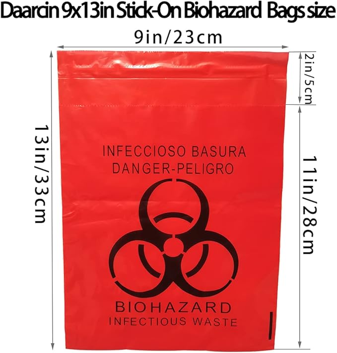200pcs 9x13in/23x33cm Stick-On Biohazard Infectious Red Waste Bags