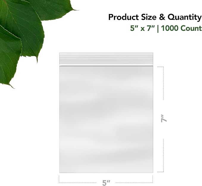 5 x 7 Inch Resealable Plastic Bags 1000 Pack — Clear Reclosable Zipper Seal Bags for Treats, Crafts, Jewelry, Party Favors, Small Food Storage