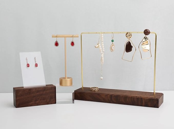 GemeShou Gold Metal Small Earring T Bar Stand Retail Display Holder, Retail Jewelry photography props for Show【Gold-Round Base Height 4.5"】