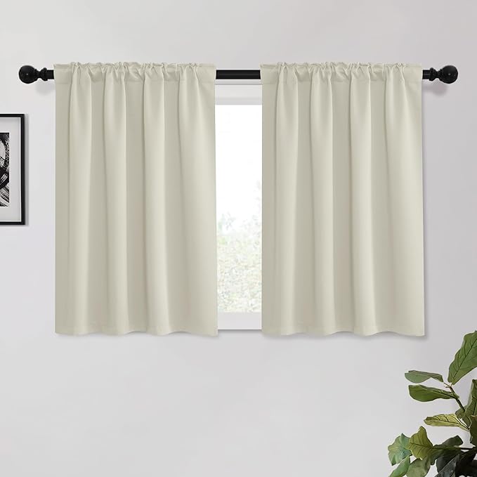 KGORGE Short Curtains 45 inch Length, Privacy Thermal Insulated Curtains Light Filtering Noise Reducing Window Drapes for Bedroom Kitchen, Back Tab Rod Pocket, W52 x L45 inches, Beige, 2 Panels