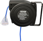 VEVOR 30FT Retractable Extension Cord Reel, 16AWG/3C SJTOW Heavy Duty Power Cord w/Lighted Electrical Triple Tap Outlets, 10A Circuit Breaker, 180° Swivel Bracket for Workshop or Garage, Blue
