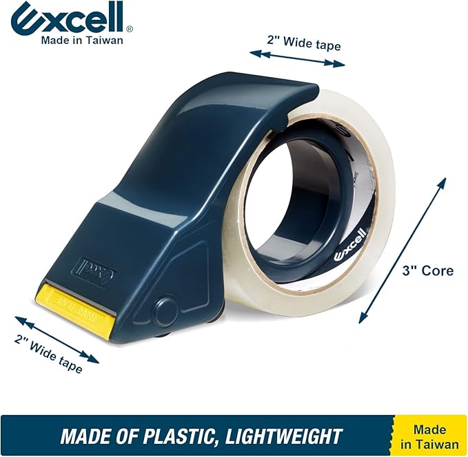 Excell SH-2508TRA2 Lightweight Packaging Tape Dispenser (2" Wide): Easy-to-Handle Plastic Design. For Shipping, mailing, and Carton Sealing. Features Retractable Blade Cover for Safety. (1Gun + 2Tapes