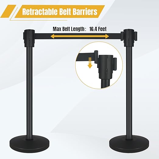 Crowd Control Stanchion Set of 2-Black Stanchions with 16.4ft Retractable Belt,Durable Concrete Metal Base for Stability, Easy Assembly, ldeal CrowdControl Barriers for Events and Venues